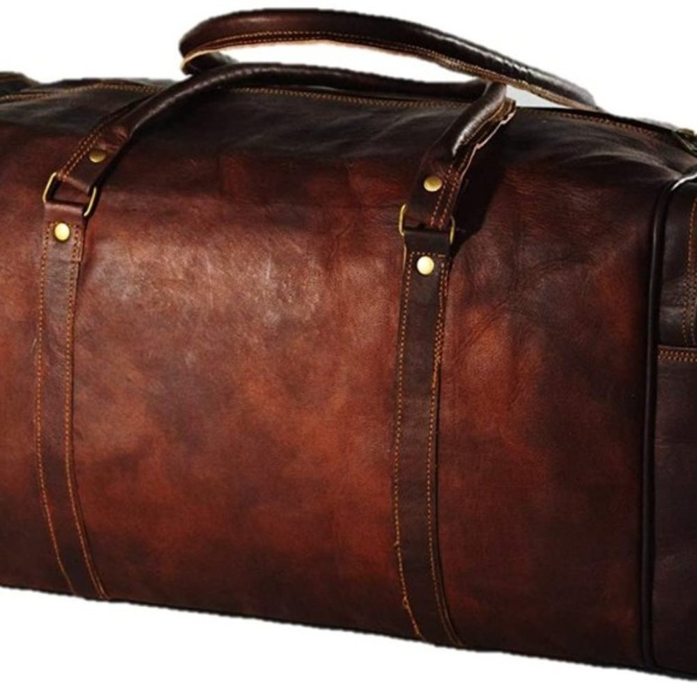 NEW Men's Vintage Brown Leather Goat Duffle Bag - Picture 6 of 8